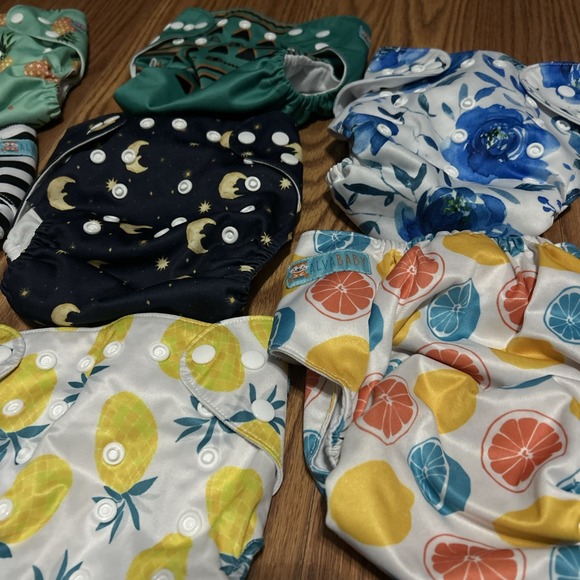 Alva Baby Reusable Pocket Covers Lot of 8 & 8 Thick Inserts Adjustable One Size - Picture 6 of 7